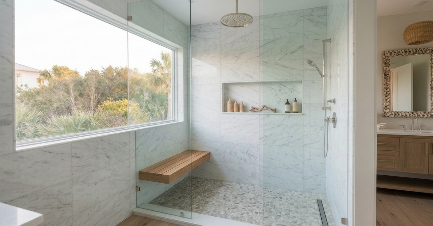 Bathroom remodeling project — marble shower with glass enclosure by Harvey's Restoration