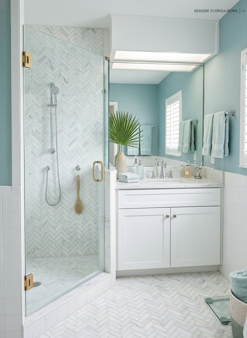Bathroom renovation — marble herringbone tile shower and coastal finish by Harvey's Restoration