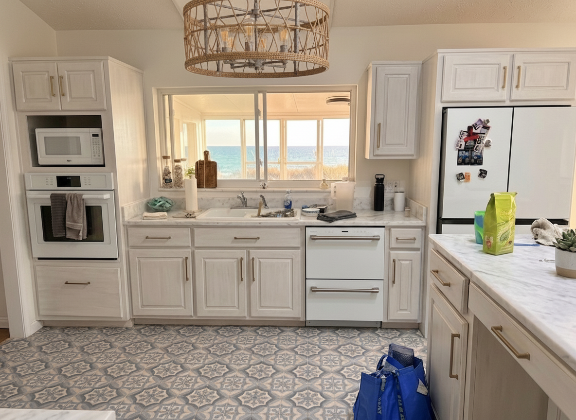 Kitchen remodel — coastal Florida home with white cabinets, marble counters, and ocean view by Harvey's Restoration