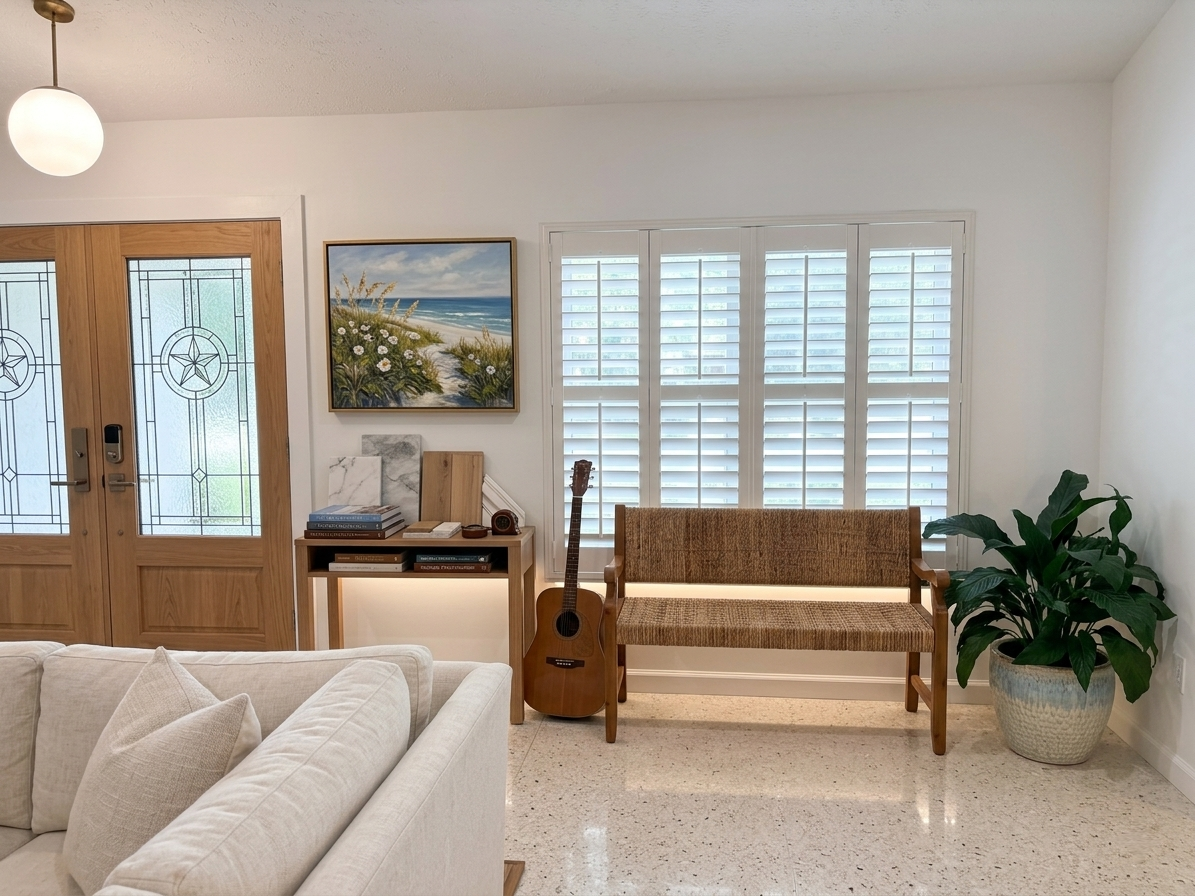 Harvey's Restoration project — renovated coastal living room entrance