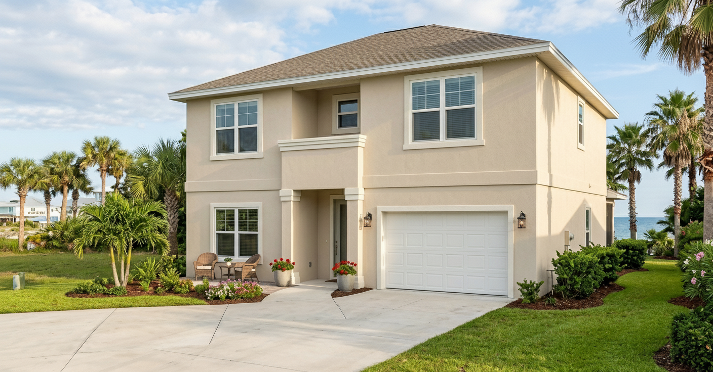Stucco exterior — coastal Florida home finished by Harvey's Restoration