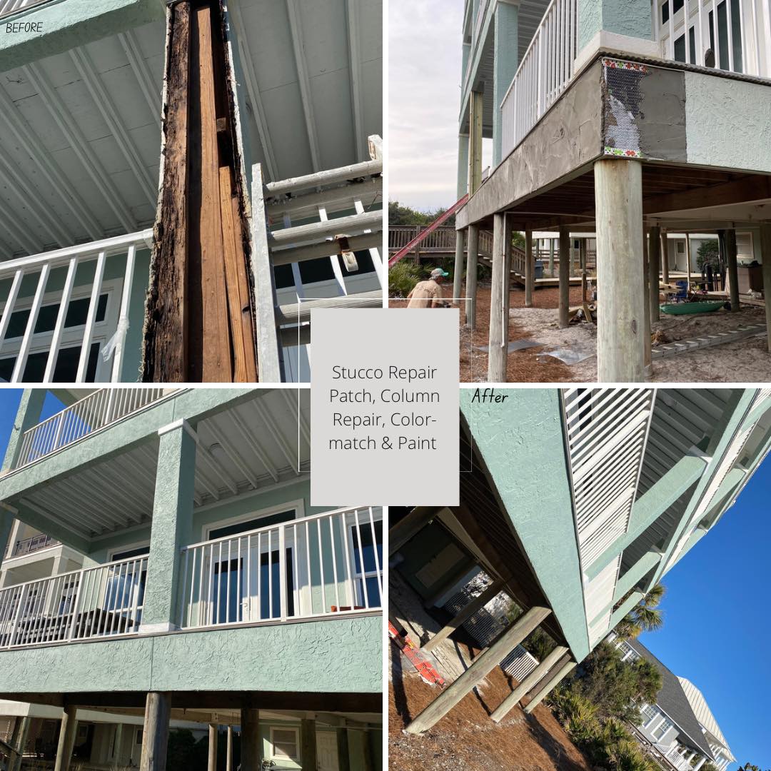 Harvey's Restoration — stucco repair, column repair, color-match and paint project